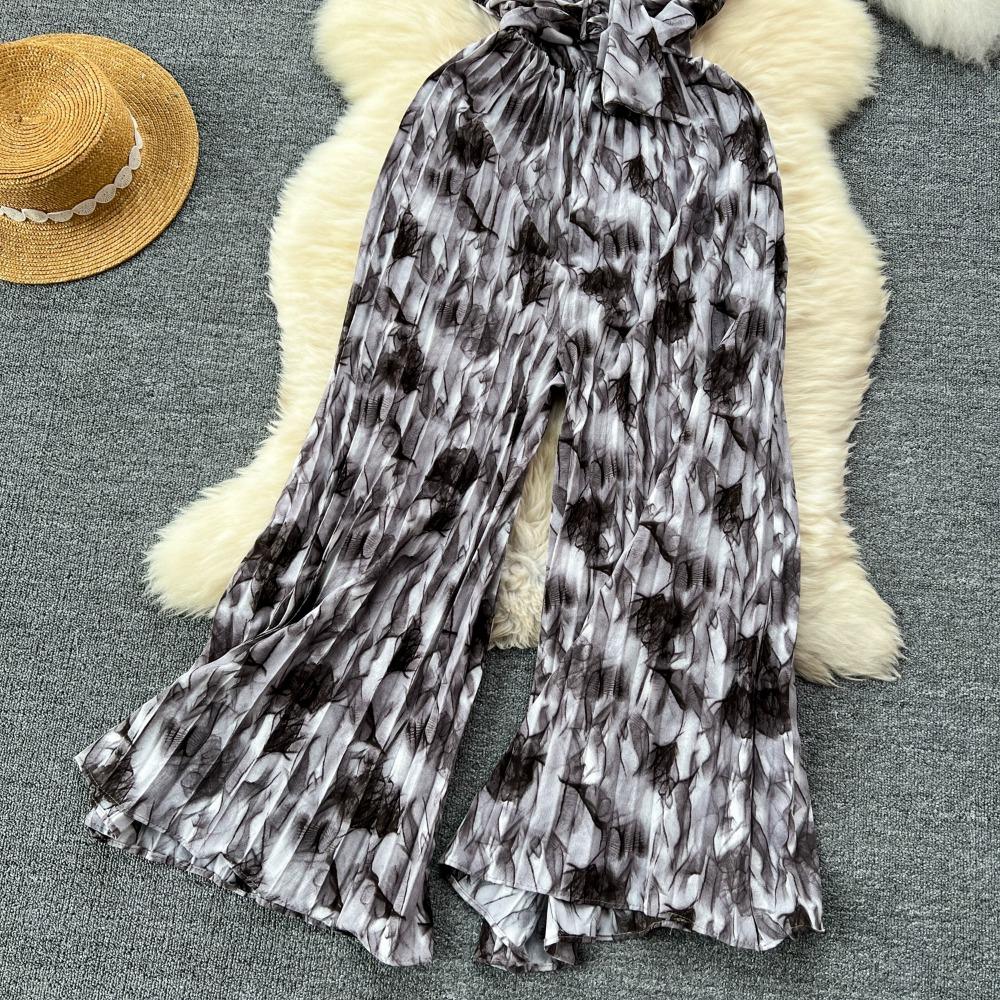 Casual Feminino Verão Floral Estampa Macacões Moda V Decote Sem Mangas Cintura Alta Larga Plissado Perna Comprimento Total Macacão