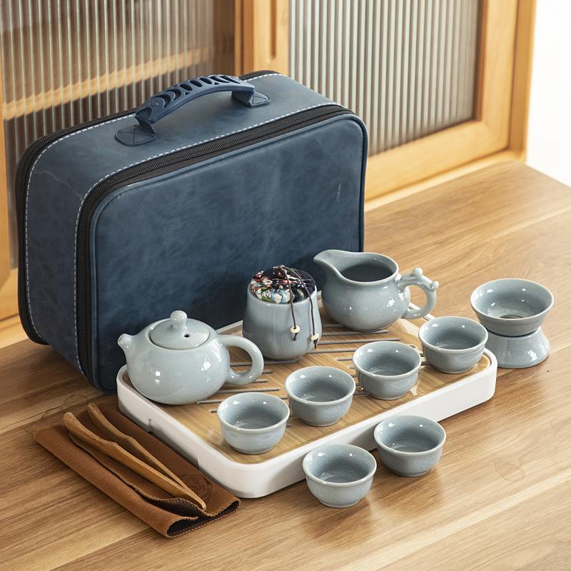 Travel ceramic Kung Fu tea set, tea tray, a full set of portable storage bags, practical business gifts for customers
