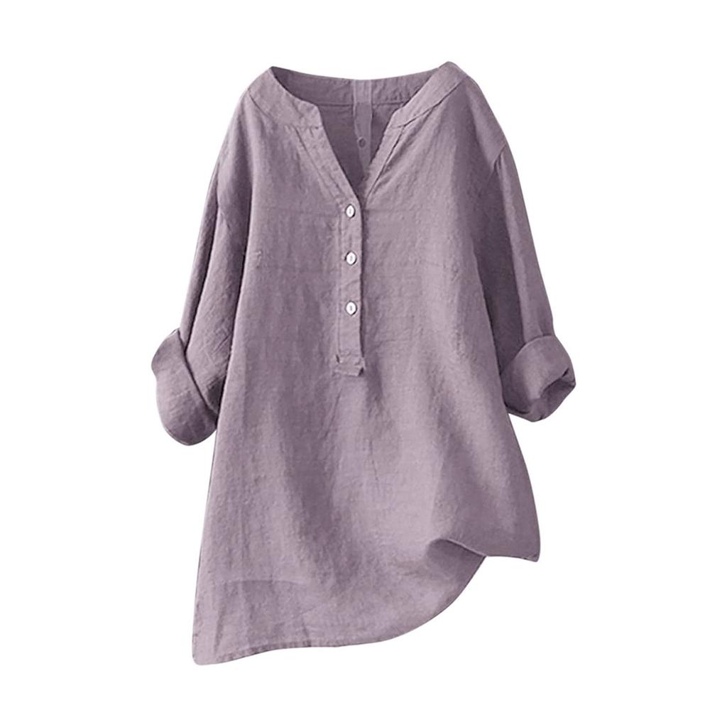Women's Solid Color Long Sleeve Shirt with Stand Up Collar Casual Loose Blouse Button Down Tops