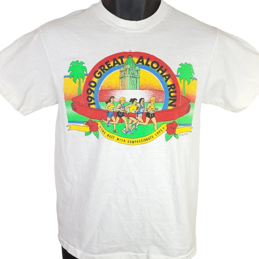 

Vintage Great Aloha Run 100% Cotton T-shirt Mens Tees Top Mens Size Small White 90s Hawaii Made In USA S