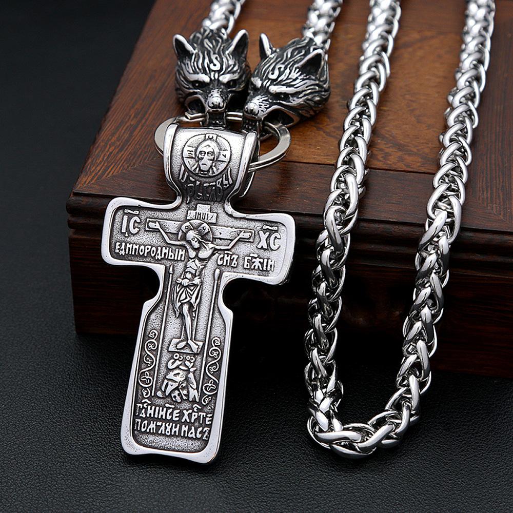 Stainless Steel Old Cross Pendant Necklace Hip Hop Punk Domineering Wolf Head Pendant
