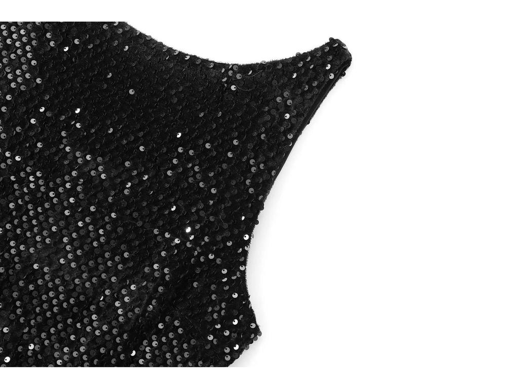 Y2K Winter Schwarzes Pailletten-Mini-Kleid mit Schulterpolstern - Ärmellose Abendgarderobe
