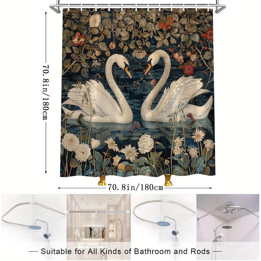 1Pc Victorian-Style Swans Shower Curtain - Romantic Pond Scene With White Swans, Lush Flowers & Greenery, Polyester Fabric