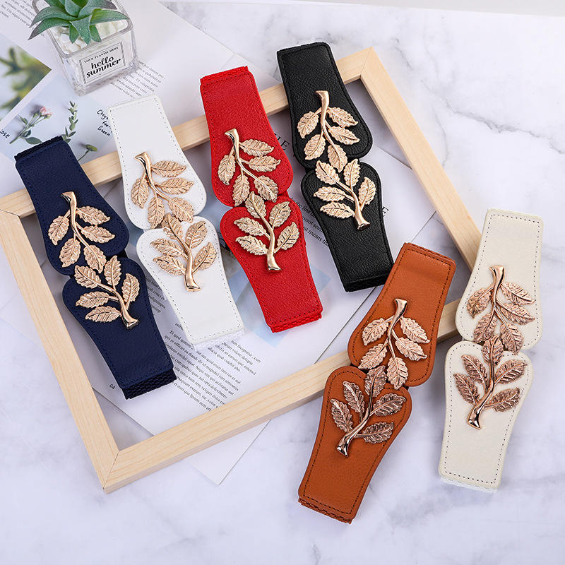 Women's Waist Belts Retro Waistband Golden Leaf Elastic Waist Closure with Double Hook Buckle Wide Belt Fashion Elegant Women Belt for Skirt