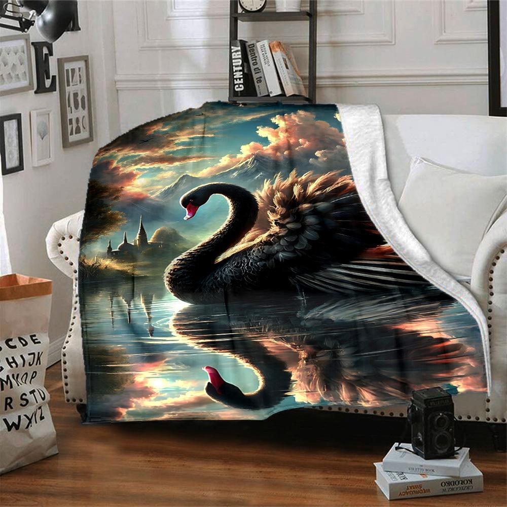 1pc Black Swan Art Print Blanket Lightweight Flannel Blanket Throw Blanket For Sofa, Bed, Travel, Camping, Livingroom, Office, Couch, Chair, And Bed y