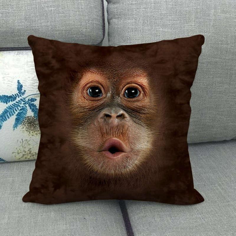 Realistic Animal Face Cushion Cover 2D Flat Print Cat Pig Orangutan Peach Skin Pillowcase For Sofa Living Room Home Decor 45X45