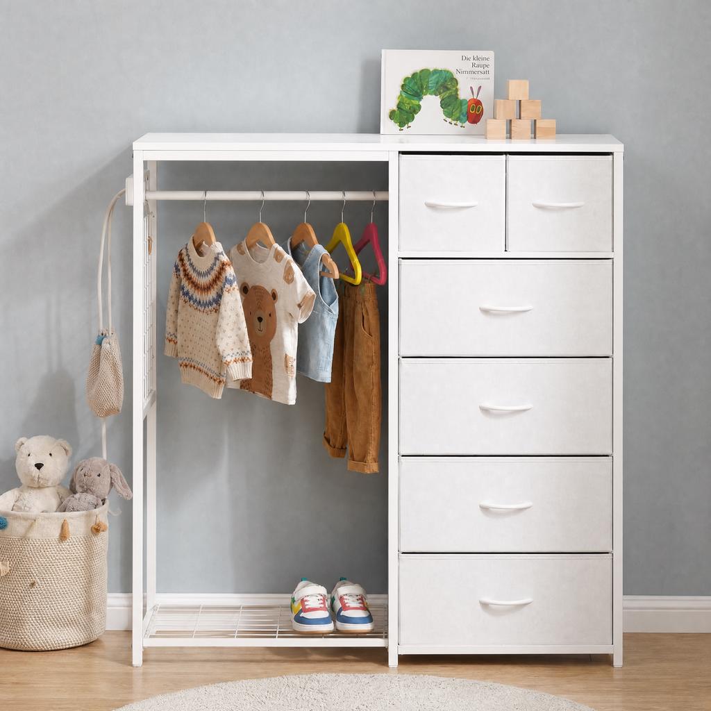 Children's Wardrobe with 6 Drawers, Clothes Rail & Socket - Multifunctional Coat Rack for Children's Room, White