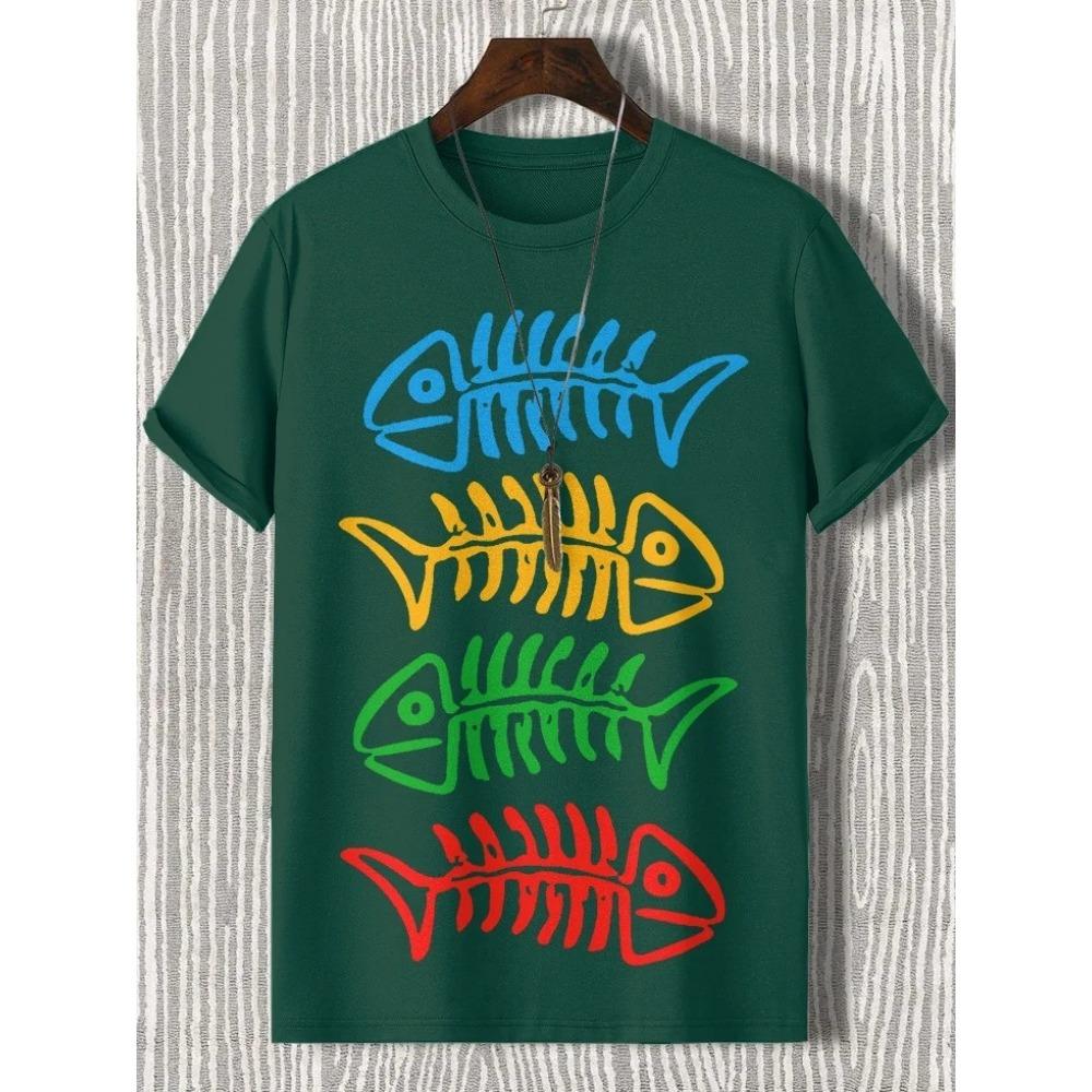 Men's Colorful Fishbone Print Casual T-Shirt Funny Young Boy Summer Short Sleeve Chic Tops Daily Life O-neck Tunic