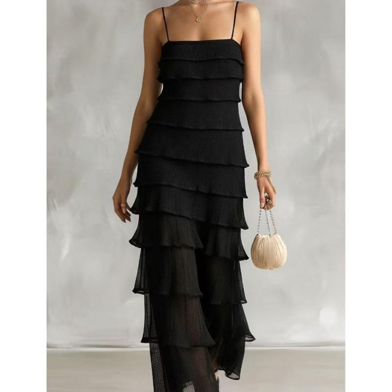 European and American 2026 summer new fashionable sexy backless sleeveless multi-layer ruffled long slip dress S