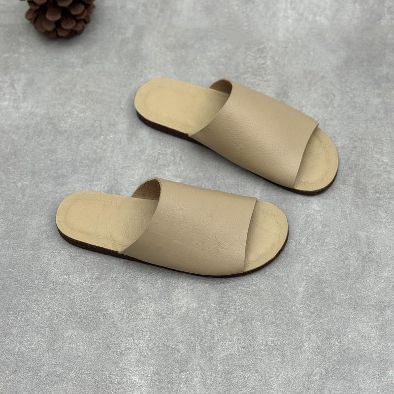 Johnature Retro Genuine Leather Flat Slippers Leisure Versatile Peep Toe Soft Sole Women's Outdoor Slides