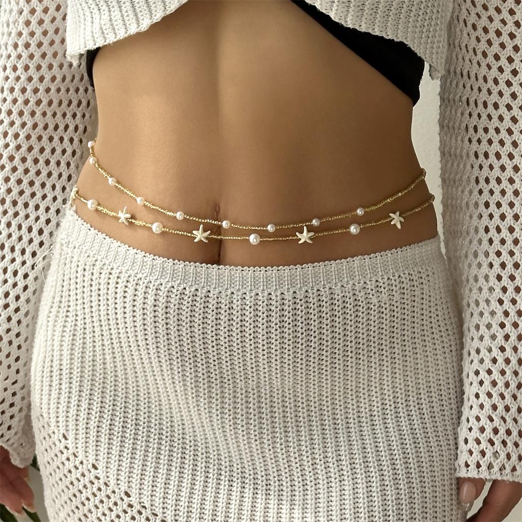 Resin Starfish Shell Pendant Waist Chain for Women Handmade Rice Beads Double Layer Belly Chain Summer Bohemia Body Jewelry