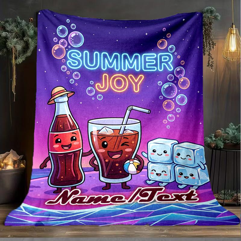 1PC Custom Name Summer Joy Drink Outdooor Flannel Blankets Throw Blanket All-Season Throw Gift Bedspread for Couch, Bed, Camping Holiday Birthda
