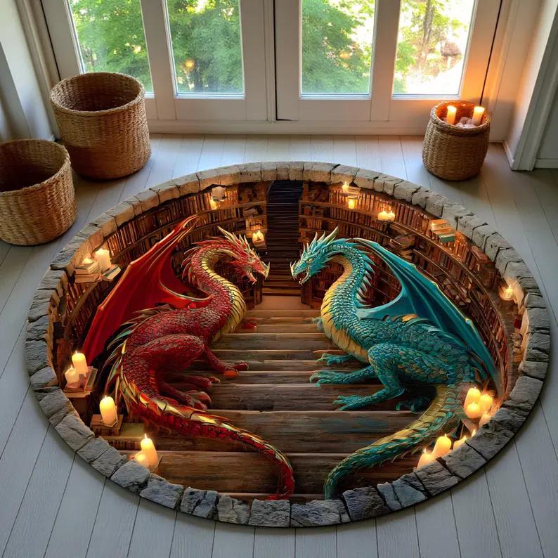 Dragon Book Round Rugs 3D Book Library Fantasy Rug Mythical Creature Home Decor Gift for Dragon Lovers Dragon Lover Book Decor