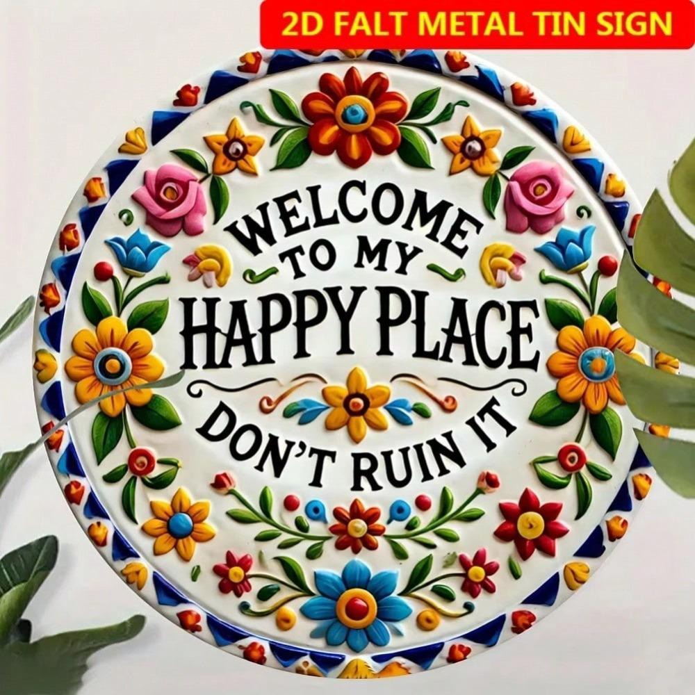 Floral Welcome Sign Round Metal Wall Art Home Decor Happy Place