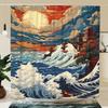 Ocean Wave & Temple Print Waterproof Shower Curtain For Bathroom, Japanese Art Design High-End Toilet Partition Curtain