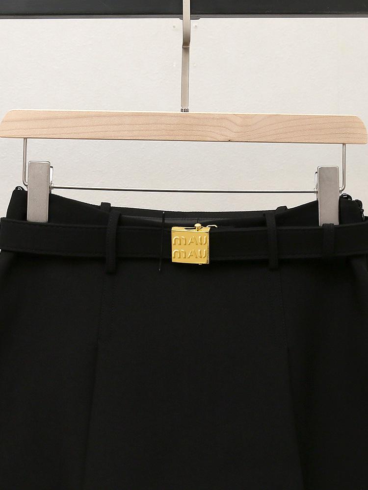 Autumn French Spicy Style A-Line Pleated Midi Skirt with Slimming Waist Belt