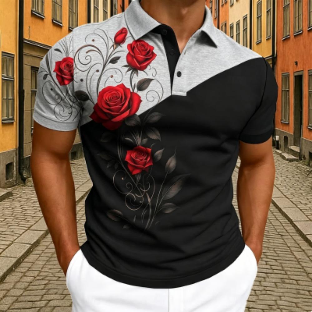 Elegant Rose Floral Print Polo Shirt Men's Outdoor Street Short Sleeve Tees Top Summer Home Casual T-shirt Men's and Women's Polo Shirt