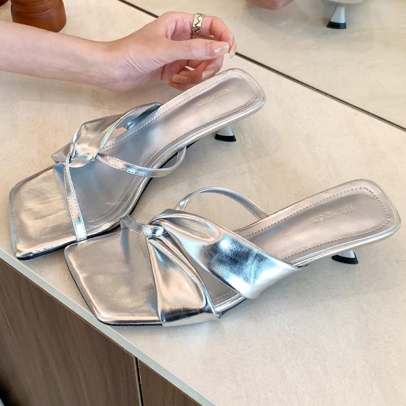Fashion Square Toe Narrow Strap Women Sandals 2025 Summer Open Toe Thin Heel Slide Sandals Fashion Elegant Comfortable High Heeled Shoes