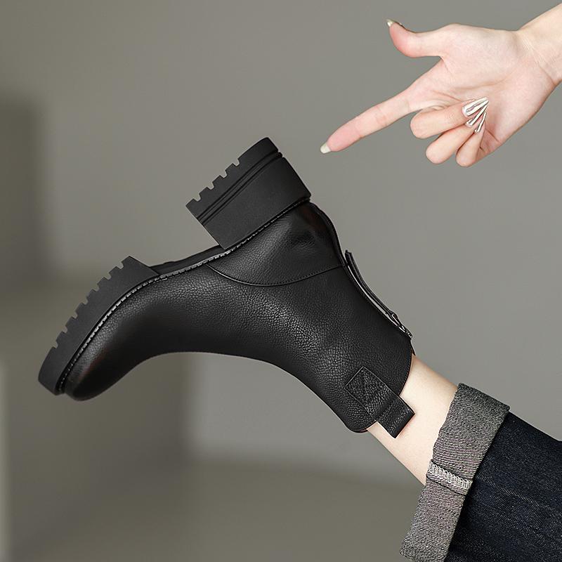 Fashion 2024 Winter Genuine Leather Women Boots Round Toe Chunk Heel Platform Shoes Solid Chelsea Boots Casual Women Shoes Green Boots