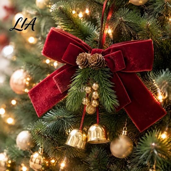 Festive Drapery Holdbacks Christmas Velvet Curtain Tiebacks with Golden Bells, Artificial Pine Needle, Holiday Party Supplies Cones, Decorative Drape