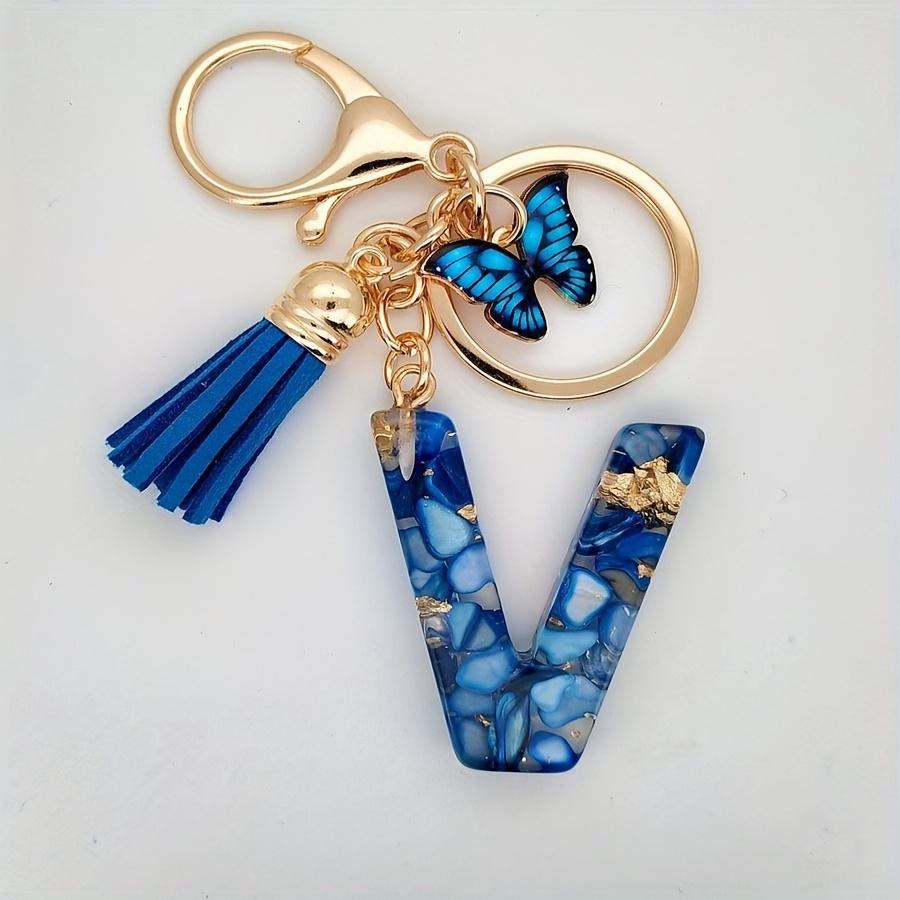 1pc Custom Blue Alphabet Letter Keychain with Butterfly Pendant Resin Ladies Key Ring with Tassel - Elegant Accessory for Bags Backpacks