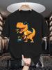 Unisex Red Tee Rock Guitar Sunglasses Dinosaur Cartoon Graphic Print Crew Neck Short Sleeve Summer Casual Male Cotton Street Top