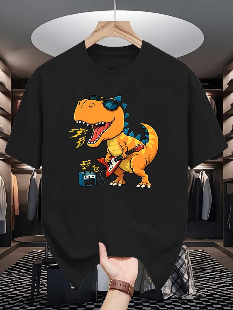 Unisex Red Tee Rock Guitar Sunglasses Dinosaur Cartoon Graphic Print Crew Neck Short Sleeve Summer Casual Male Cotton Street Top