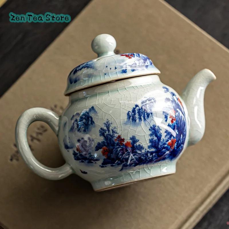 Antique Blue And White Chinese Ruyi Teapot Household Ceramic Ice Crack Glaze Old Clay Single Pot Chinese Style Kung Fu Tea Set