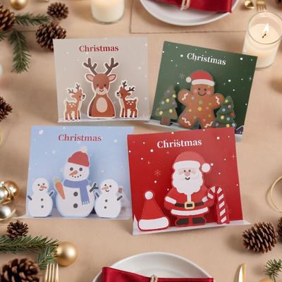 4Pcs Handmade Christmas Greeting Cards Stickers Folding Design DIY Xmas Card Exquisite With Envelopes Pop Up Christmas Gift Card