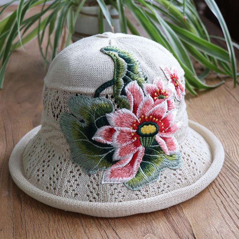 Vår og sommer etnisk vind broderi blomst sammenleggbar hatt dame strikkelue sandbøttehatt