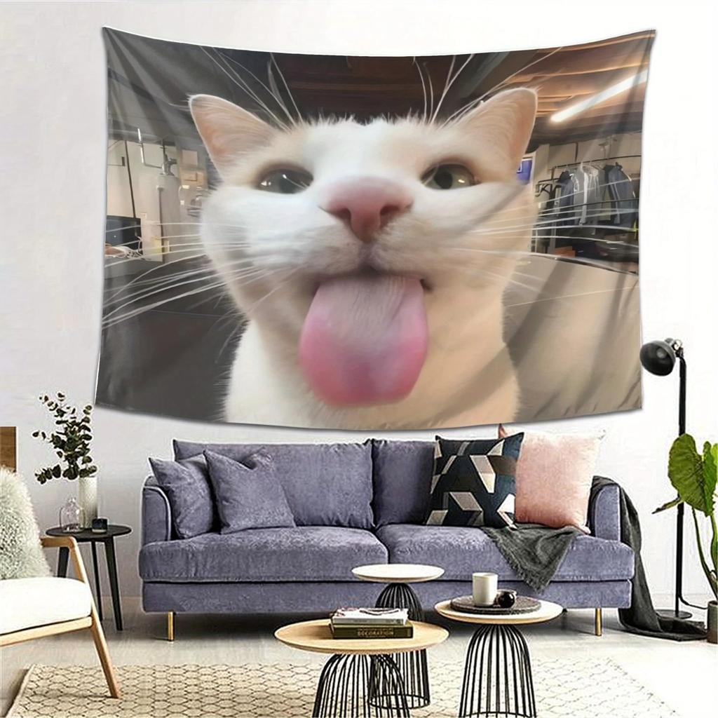 Funny Cat Selfie Tapestry - Cute Tongue Out Cat Wall Hanging For Bedroom, Dorm, Living Room Decor, Aesthetic Room Decor, Funny G
