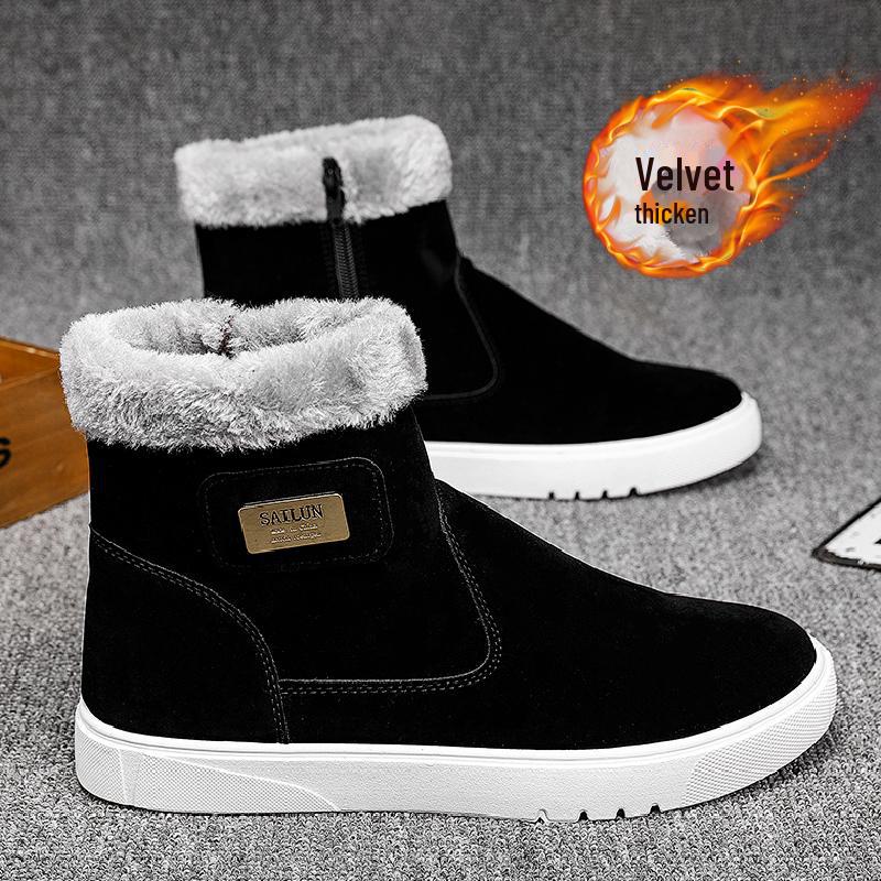 Men's High-Top Snow Boots - Velvet-Lined, Warm Leather, Fur, Slip-On, Winter Cold-Proof.