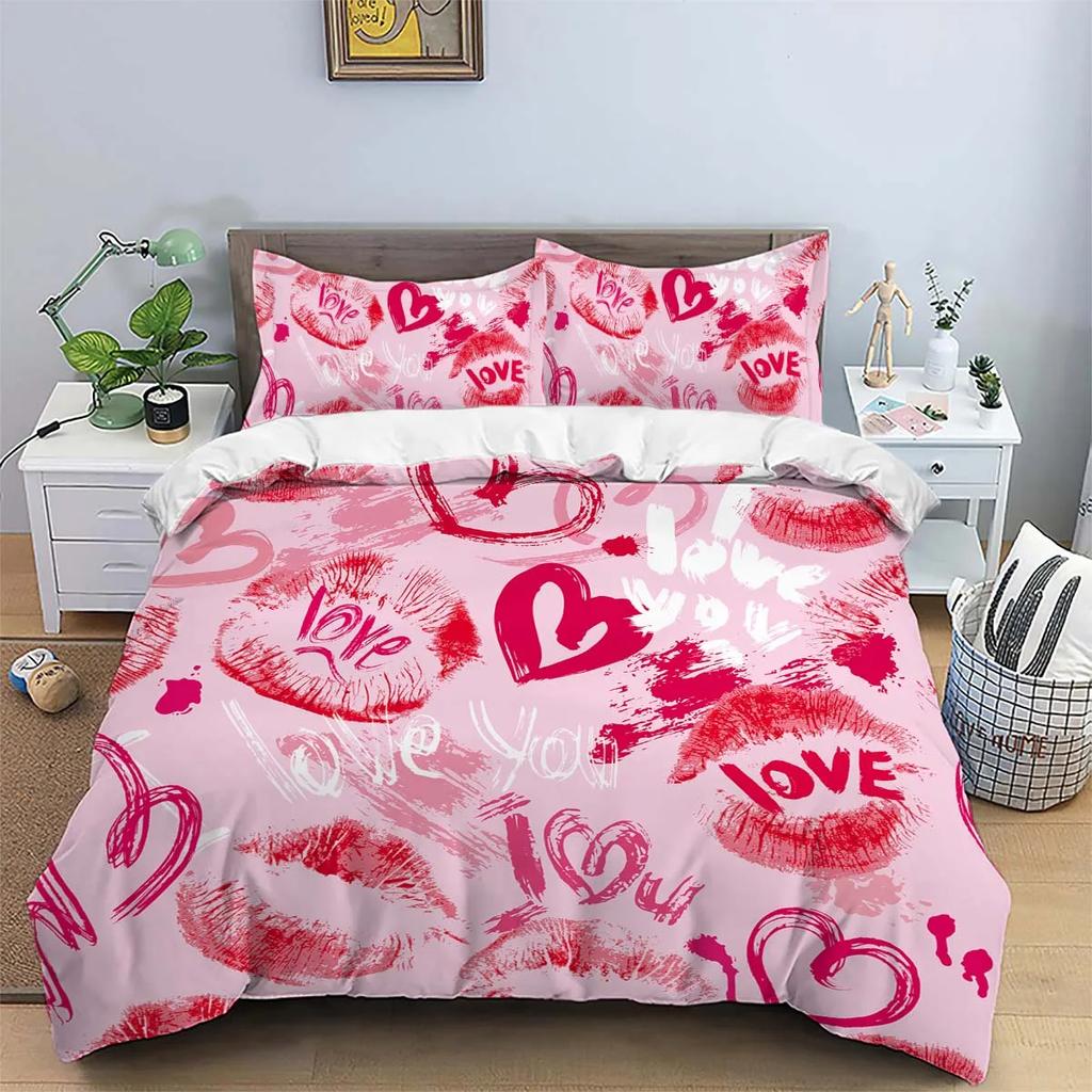 Valentine's Day Heart bedding set, skin friendly, warm, comfortable, warm pink surface, red lip print with a heart pattern