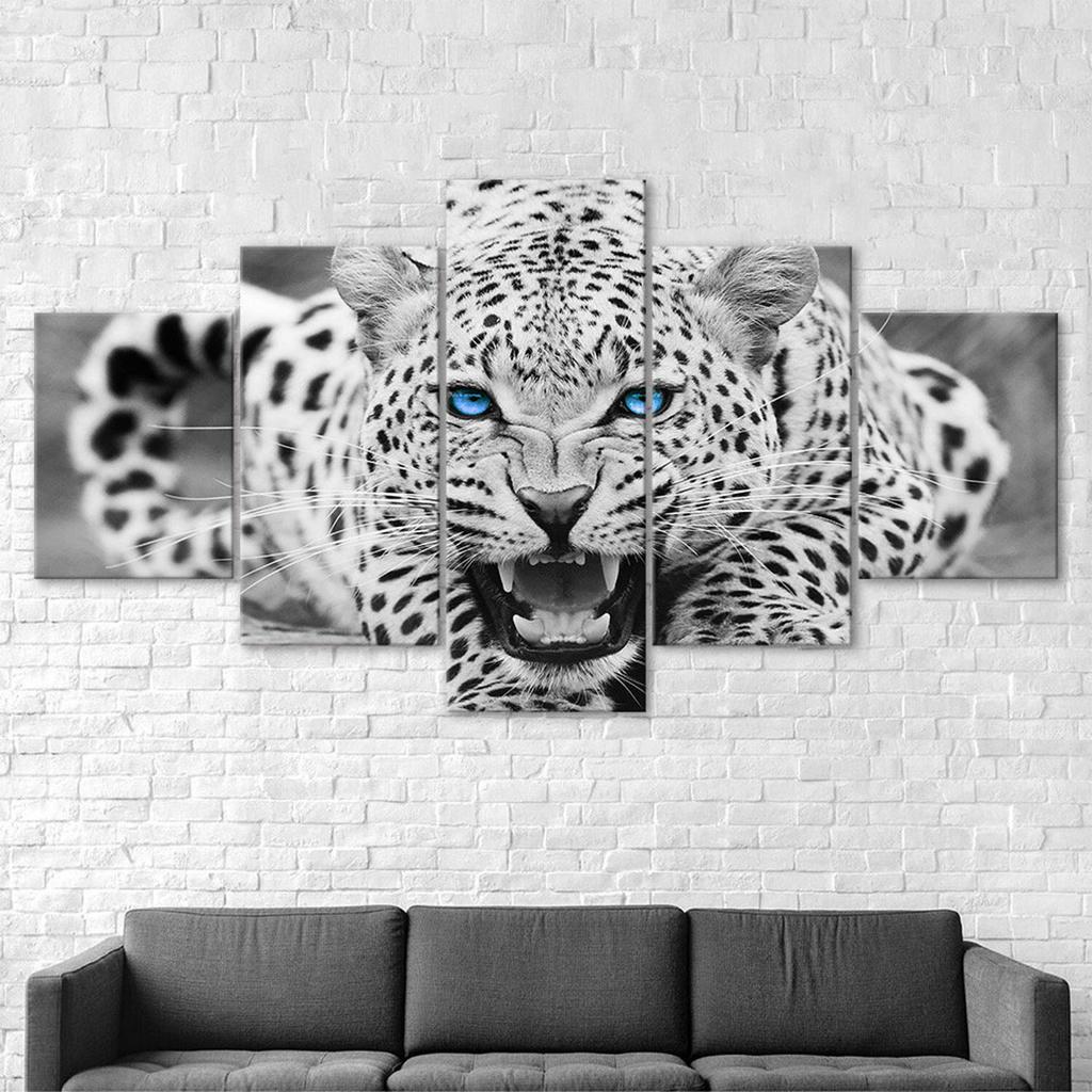 Weißer Leopard Helle Blaue Augen 5-teiliges Fünf-Panel Wandleinwanddruck Modernes Kunstposter Bild Heimdeko Geschenk für Ihn Für Sie