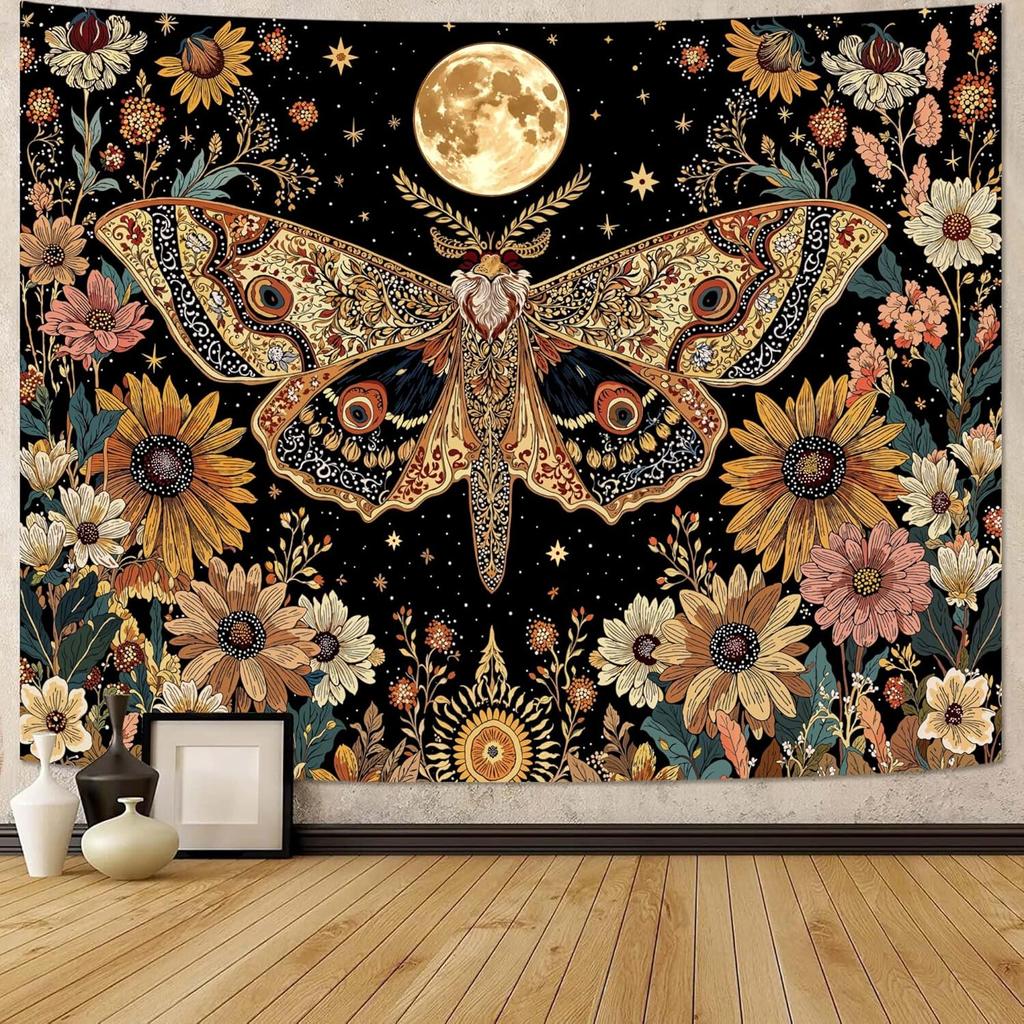 Mystic Moon Moth Tapestry, Boho Celestial Sunflower Floral Print Large Wall Hanging for Bedroom Living Room Aesthetic Decor