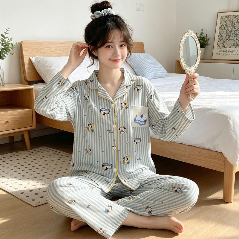 Cute style rabbit pure cotton pajamas women's spring and autumn long-sleeved thin cotton student casual loungewear set