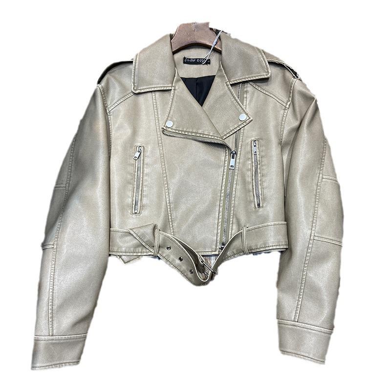 Women's Retro Hong Kong Style PU Leather Motorcycle Jacket - Short, Trendy Spring/Autumn 2023 Edition