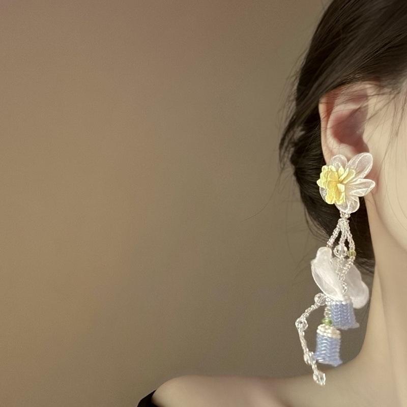 Silver needle chiffon glass rice bead lily of the valley fringed earrings Mori fairy energy earrings seaside vacation style earrings