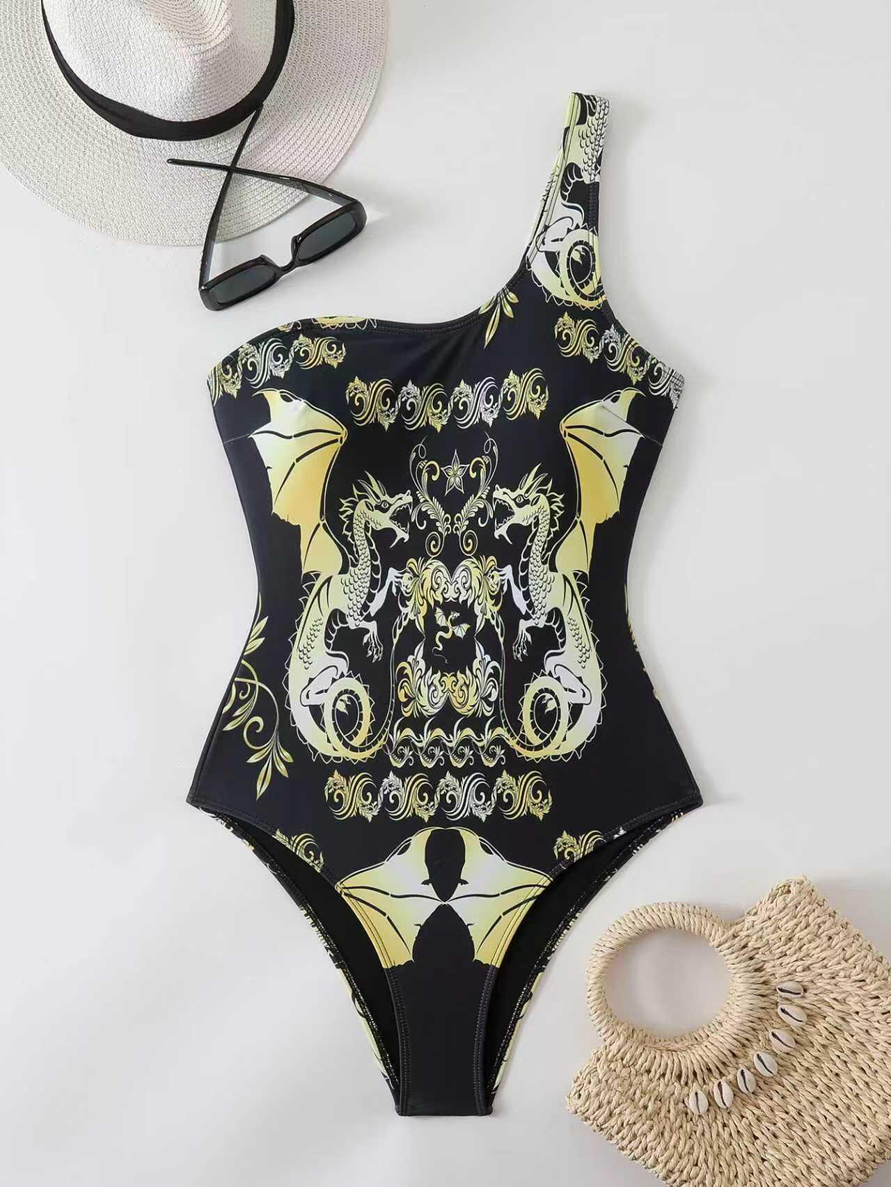 Европейский и американский женский облегающий купальник с принтом на одно плечо Small