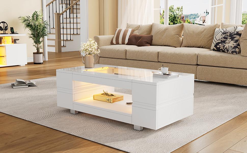 White LED Coffee Table with Bluetooth App Control, Coffee Table, Sofa Table, Living Room Table, Suitable for Party, Office, Living Room