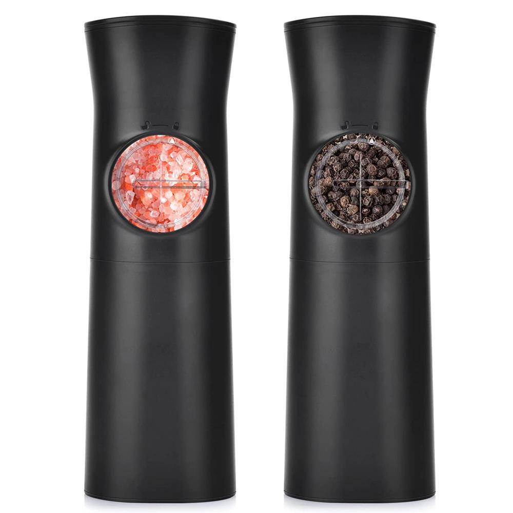 

2 упаковки гравитационной электрической мельницы для соли и перца, регулируемая степень грубости, автоматическая мельница для перца и соли чёрный