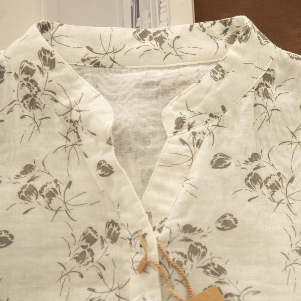 Chemise en Coton et Lin à Manches Longues et Décolleté en V Florale Gorge d'Hiver – Style Printanier Élégant pour Femme