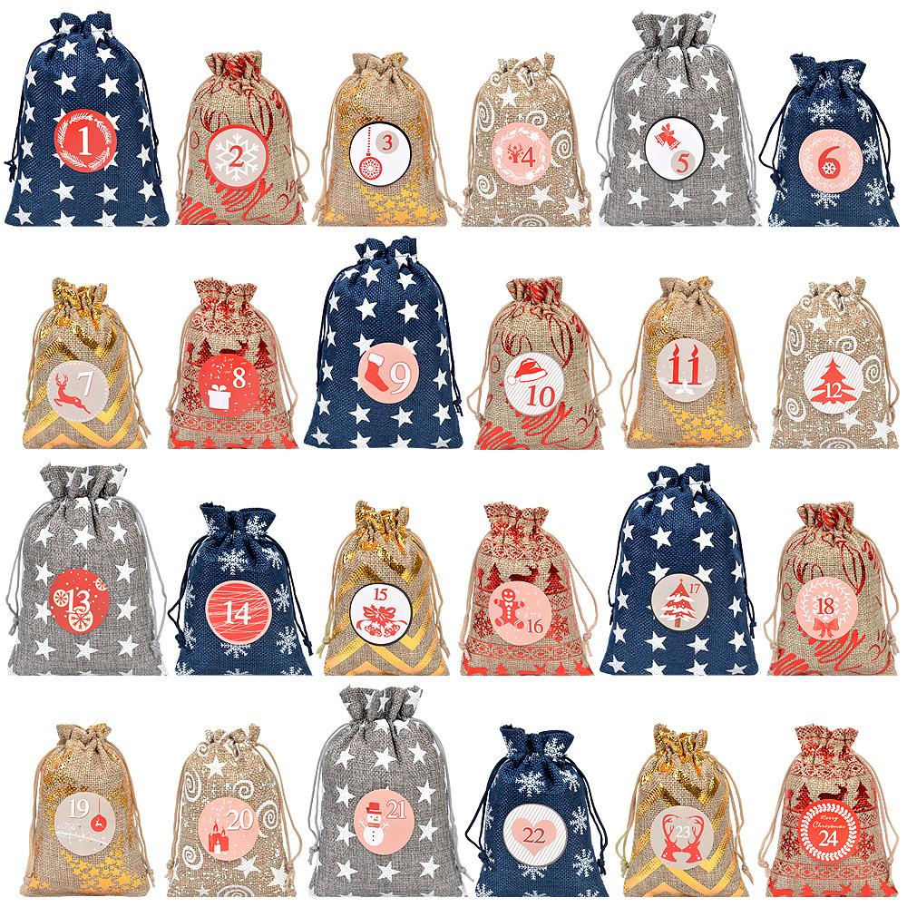 24pcs Christmas Arrival Countdown Drawstring Bag 24 Digital Linen Drawstring Bag Candy Drawstring Gift Bag