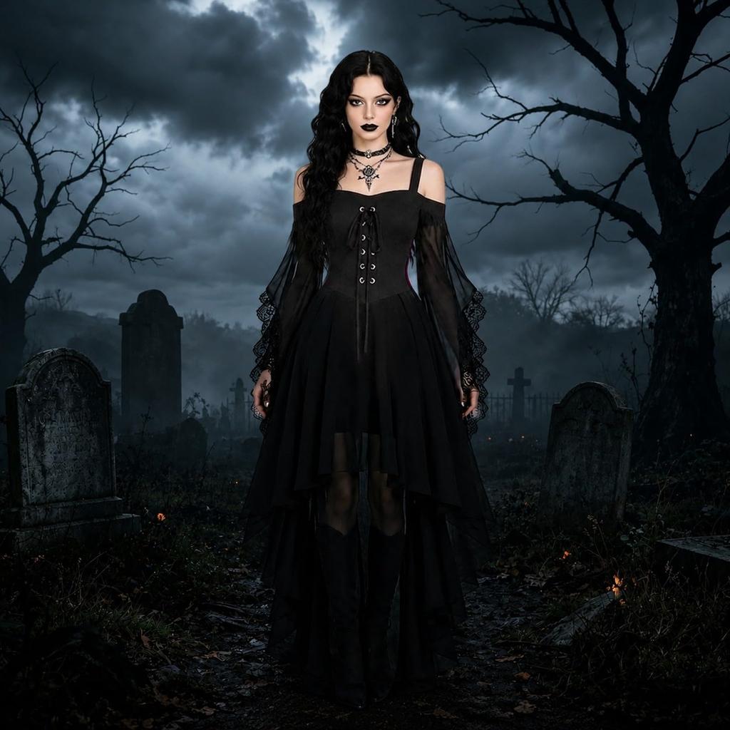 Women's Chiffon Off-Shoulder Gothic Dress with Butterfly Sleeves, Asymmetric Hem for Halloween