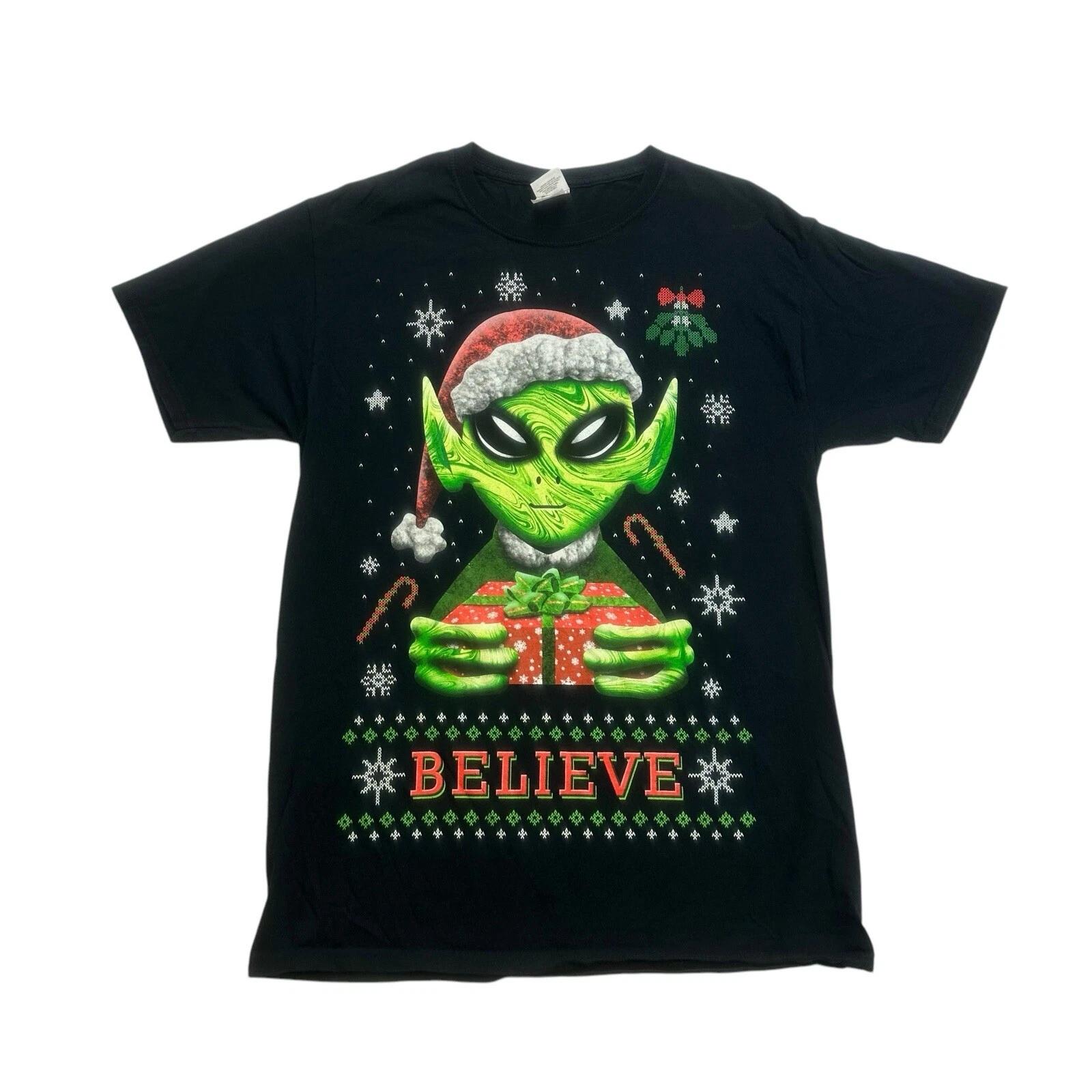 Alien Christmas Shirt Mens Medium M Black Believe Short Sleeve Holiday Cotton M