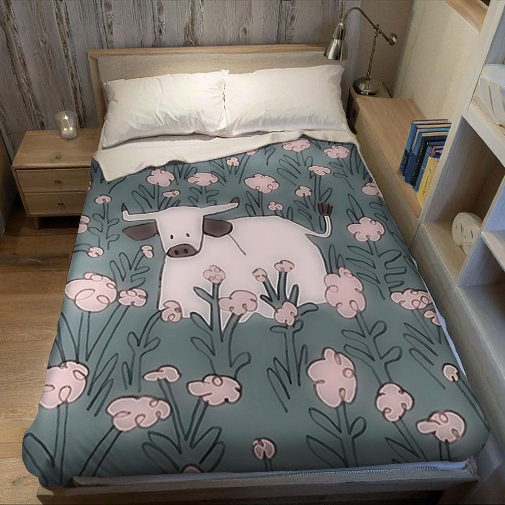 Cartoon Cow In Floral Field Flannel Blanket Warm Soft Halloween Christmas Couch Warm Cozy Decorative Decor Gift for All Season