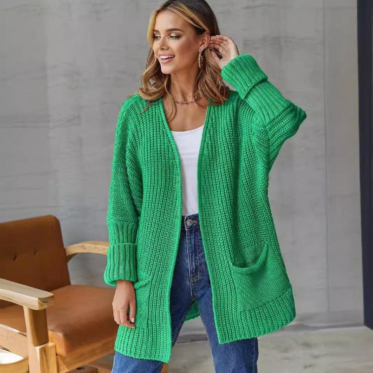 Women Fashion Soft Oversize Knit Cardigan Long Sleeve V Neck Casual Loose Mid Sweater Solid Breathable Coat with Pocket Simple Elegant