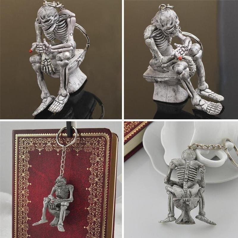 2 pcs Skeleton on Toilet Key Chain Key Ring Novelty Gift Rubber / Metal Ring