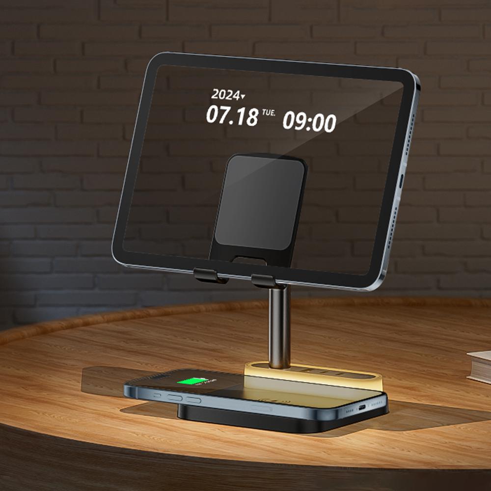 4-in-1 Wireless Charging Universal 15W Fast Charging Night Light Multi Port Mobile Tablet Stand USB/C Input Wireless Charger.