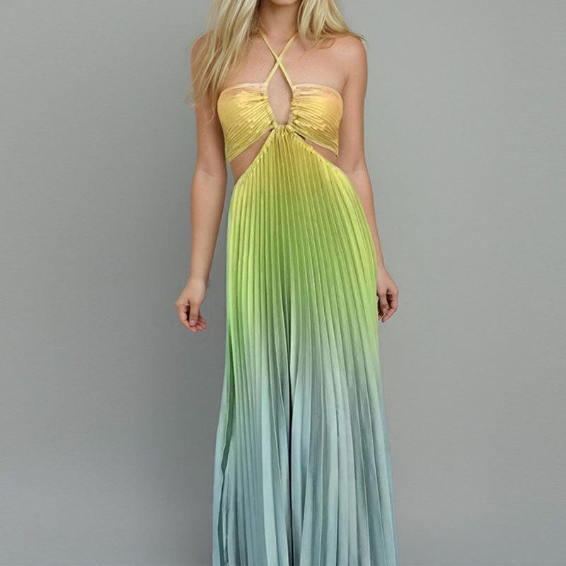 Spring 2026 Women's Gradient Halter Neck Dress - Elegant European and American Style with Sexy Hollow Out Design